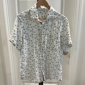 Men's White and Blue Leaf Print Button Down Shirt